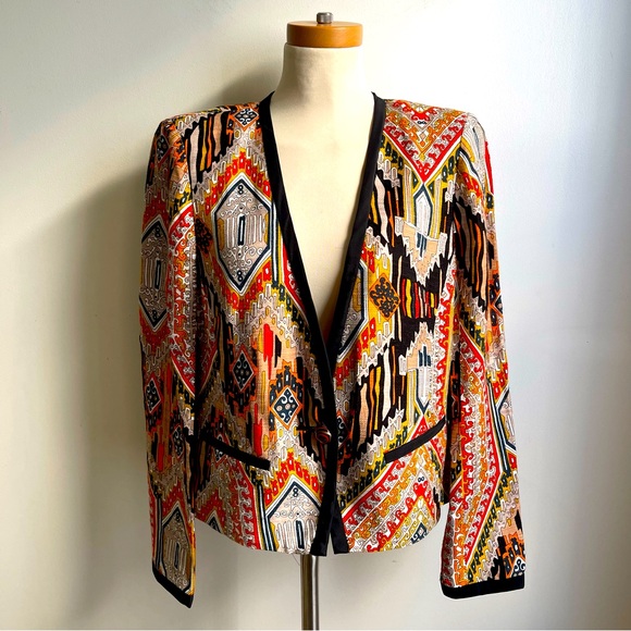 Trina Turk Woven Silk Jacket Blazer Tribal Abstract Print Orange Yellow Black 12 - Picture 1 of 9